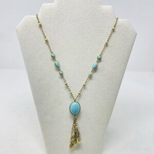 Lia Sophia Gold Tone Faux Turquoise Long Tassel Statement Fashion Necklace
